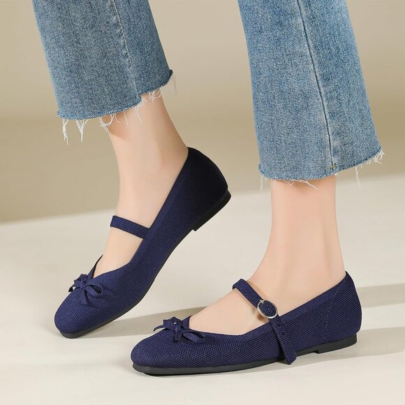 Women Dark Blue Fabric Upper And Rubber Sole Ballet Flats With Ankle Strap - Picture 6 of 7